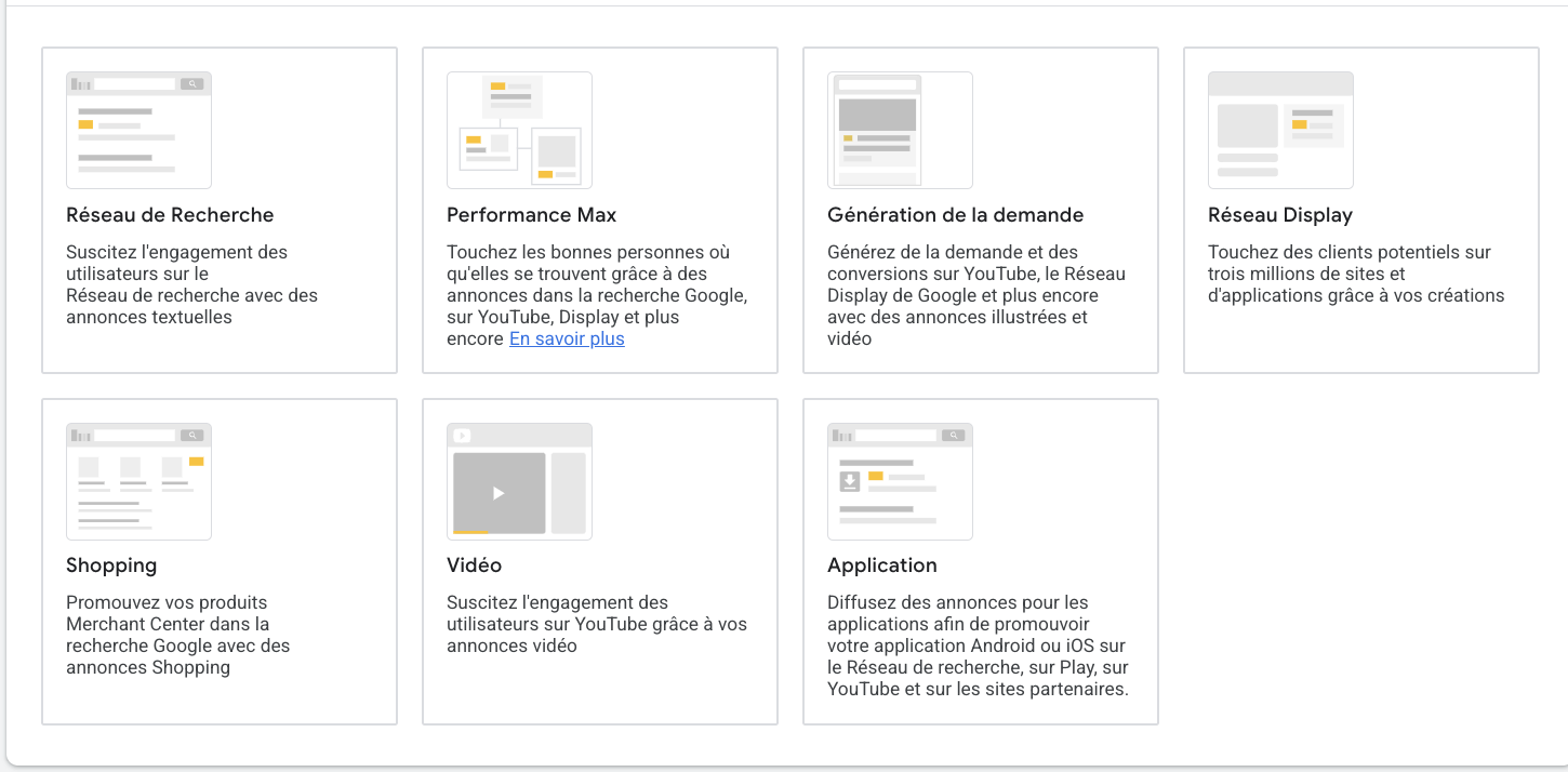 Capture d'écran du menu de choix de campagne sur Google Ads.